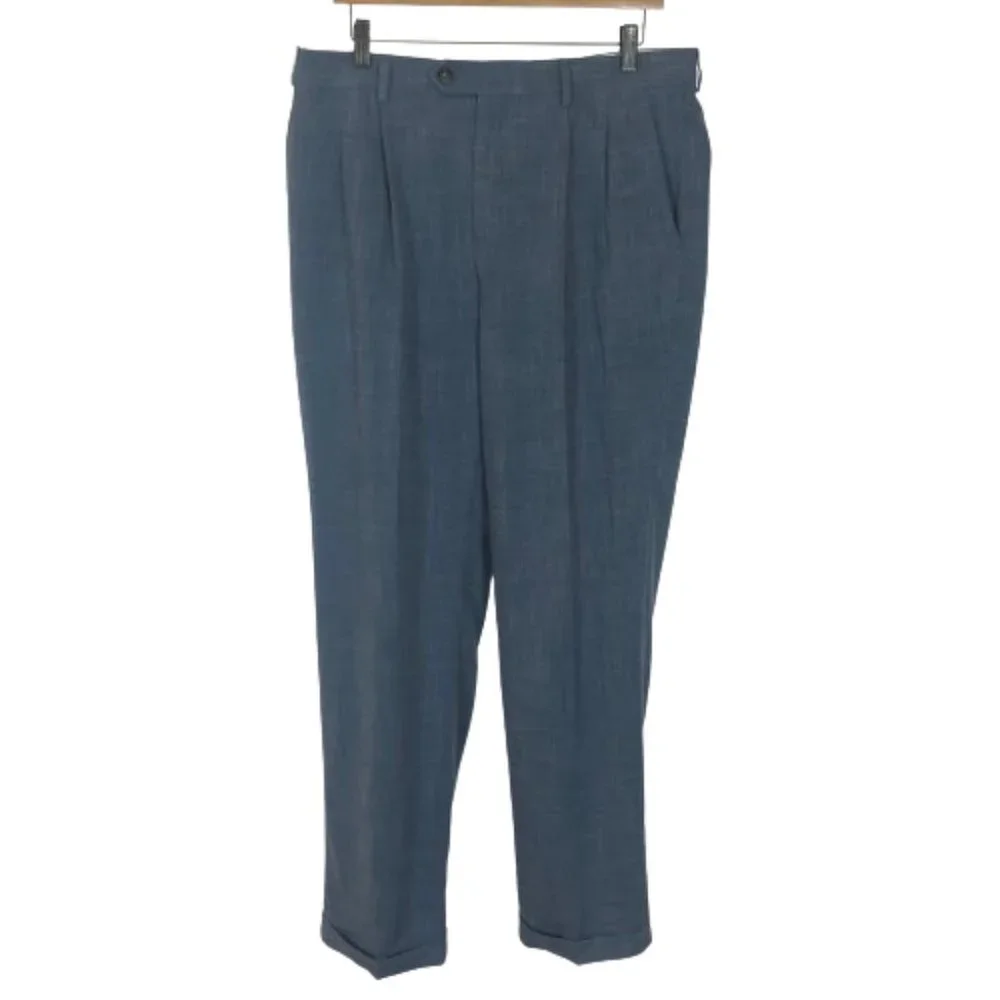 NWT Mens Size 34 34x32 Ralph Lauren Blue Linen Look Pleat Front Dress Pants